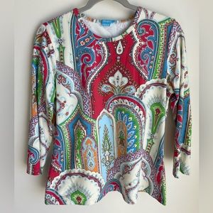 J MCLAUGHLIN for Dillards Red Blue Green Paisley 3/4 Sleeve Top Size L